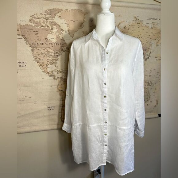 Tahari 100% Linen White Long Collared Blouse Button Up Shirt - Picture 1 of 9